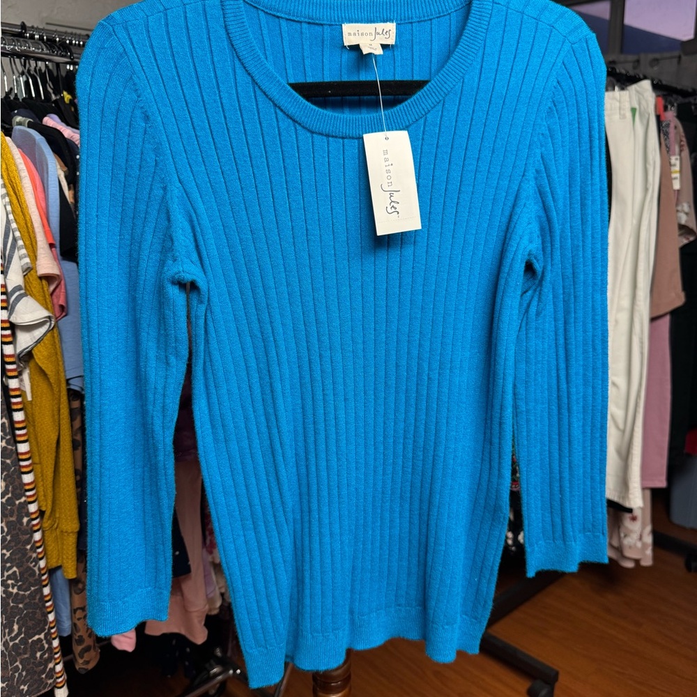 Maison Jules Blue Ribbed Knit Crew Neck Sweater